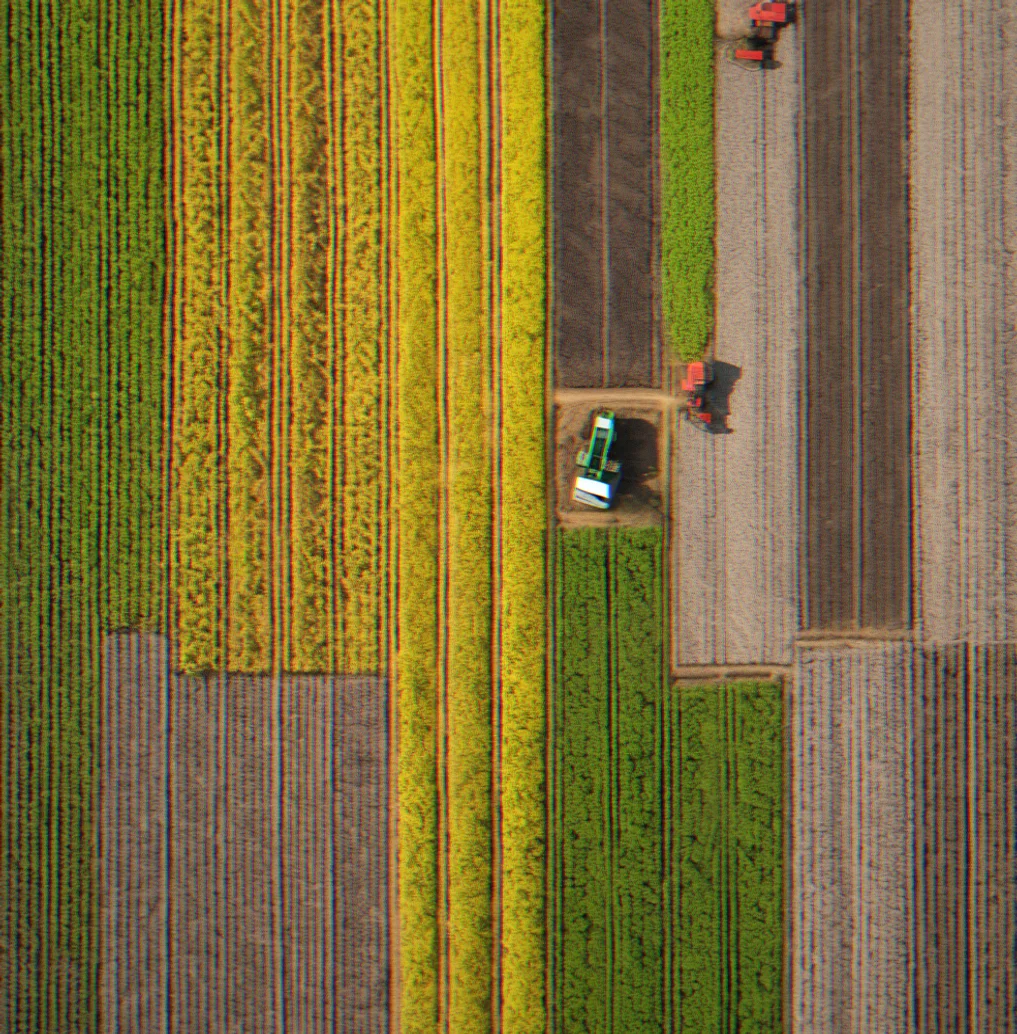 Aerial view of a sprawling row-crop field divided into variable-rate zones with different colored boundaries marking out fertilizer application rates
