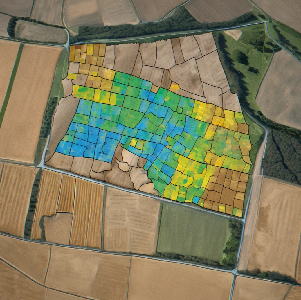 Soil EC map showing a 400-acre field with darker blue clay patches mixed in with lighter tan sandy spots