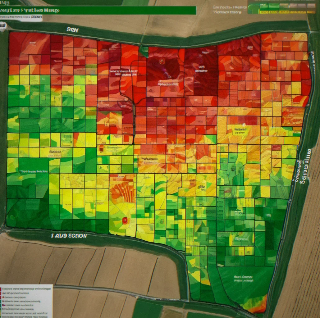 Yield map from a John Deere combine displayed as a heat map, with greener areas showing better yields and red indicating where the crop didn't perform as well