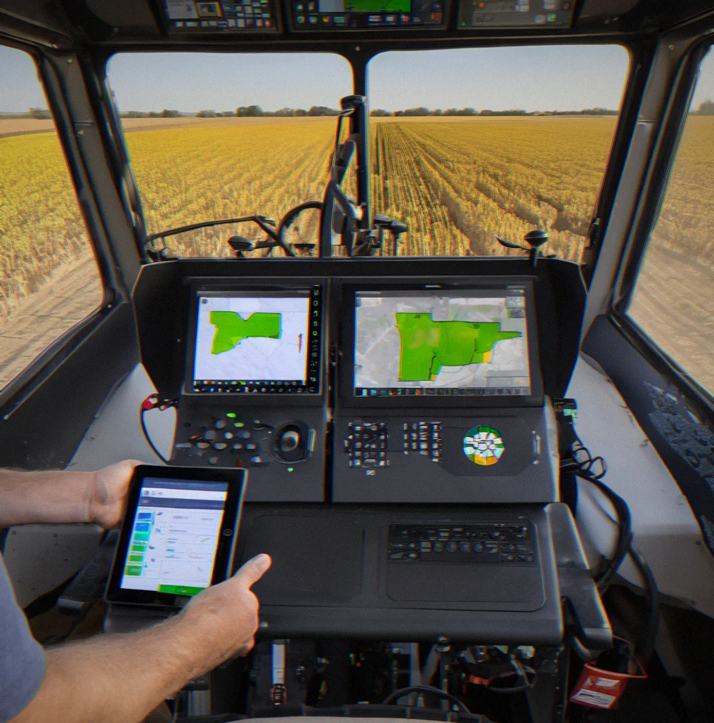 Raven spray controller in a boom sprayer cab with a VRA map file already loaded and set for application