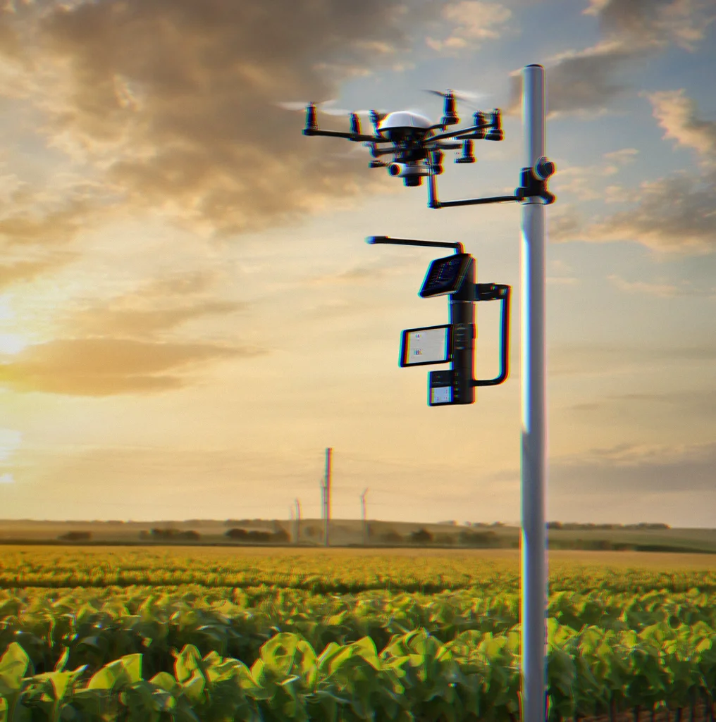 Weather station mounted on a field pole measuring wind and catching rainfall data