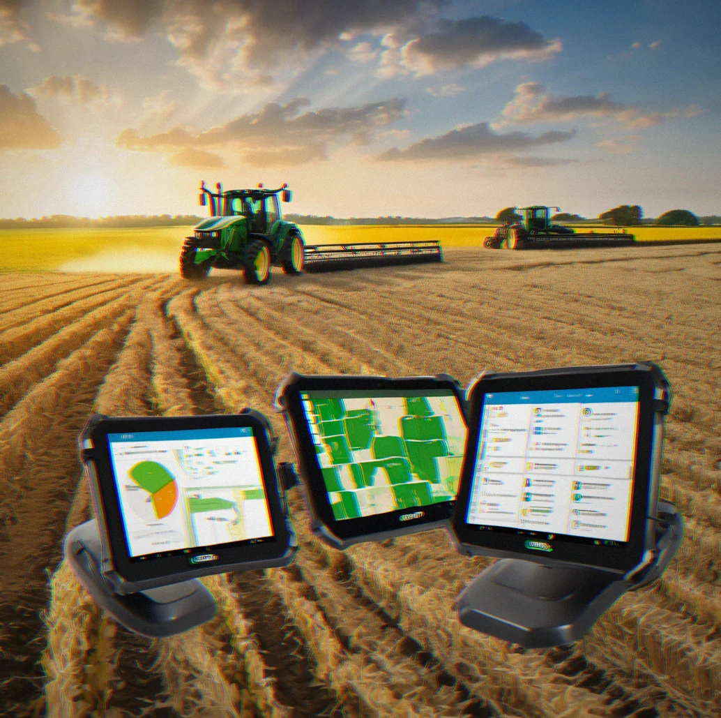 Fleet management dashboard showing three tractors and a couple of sprayers with their GPS locations, hours, and maintenance needs tracked