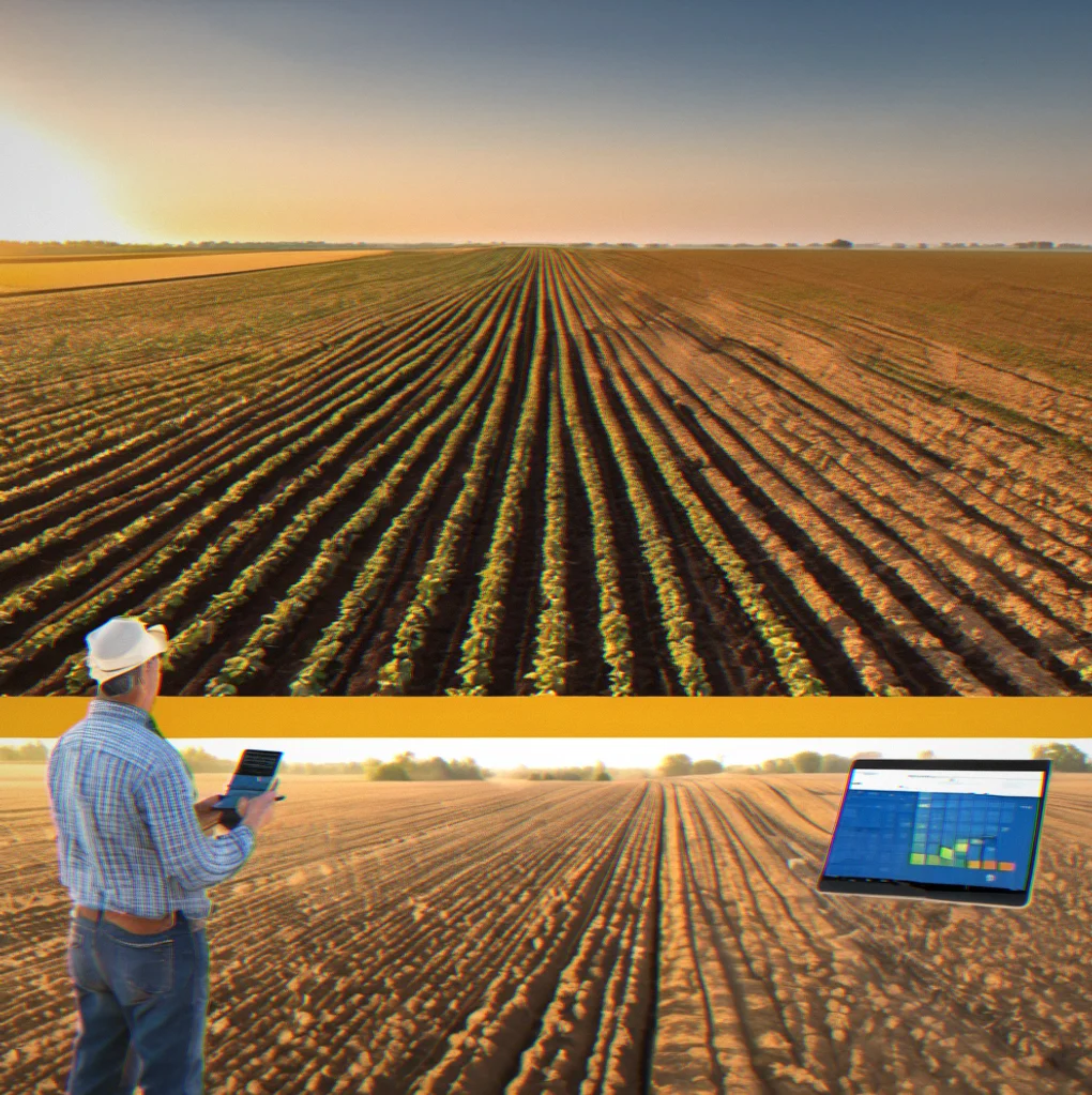 Farmer in a massive soybean field holding a phone that shows soil EC data split into variable-rate zones