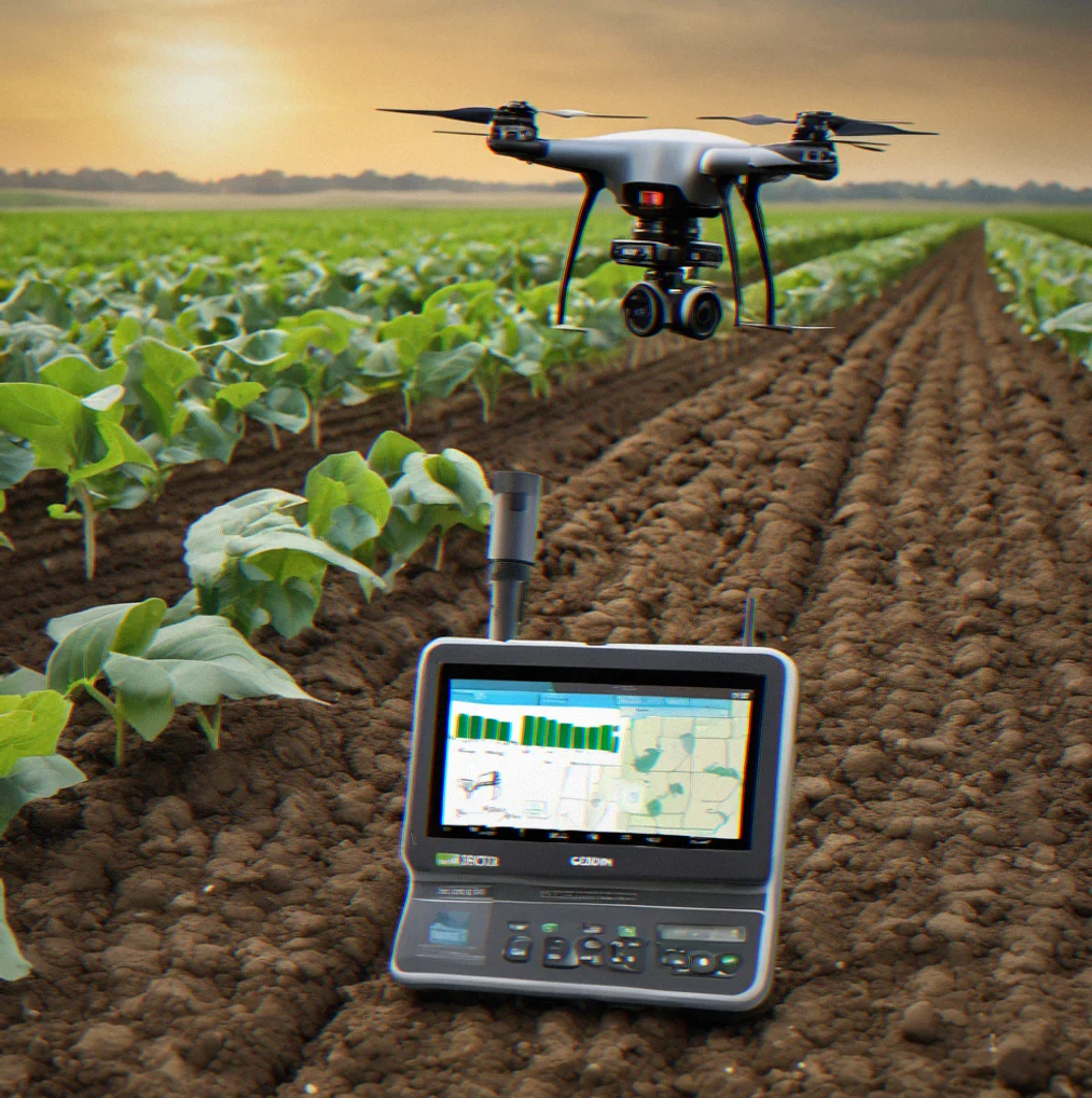 Soil moisture sensor in the ground connected to a wireless transmitter above, collecting water content data in real time