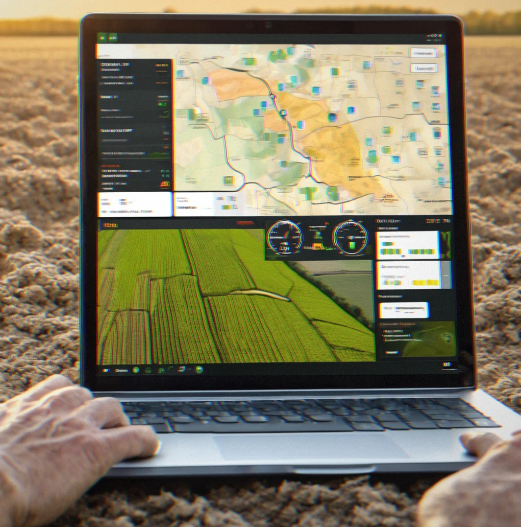 Fleet dashboard on a laptop. Three tractors and two sprayers tracked by GPS, showing maintenance schedules and fuel