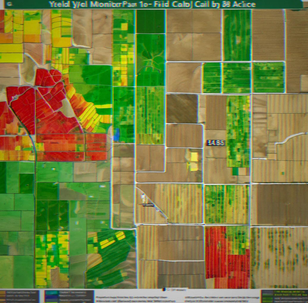 Yield monitor map from a combine. Green patches hit 48 bu/acre while some spots dropped to 38 bu/acre across the field