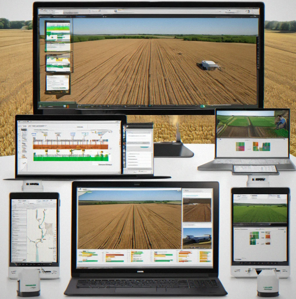 Equipment dealer office with multiple monitors running FieldDriver as a white-label tool for client farm prescriptions