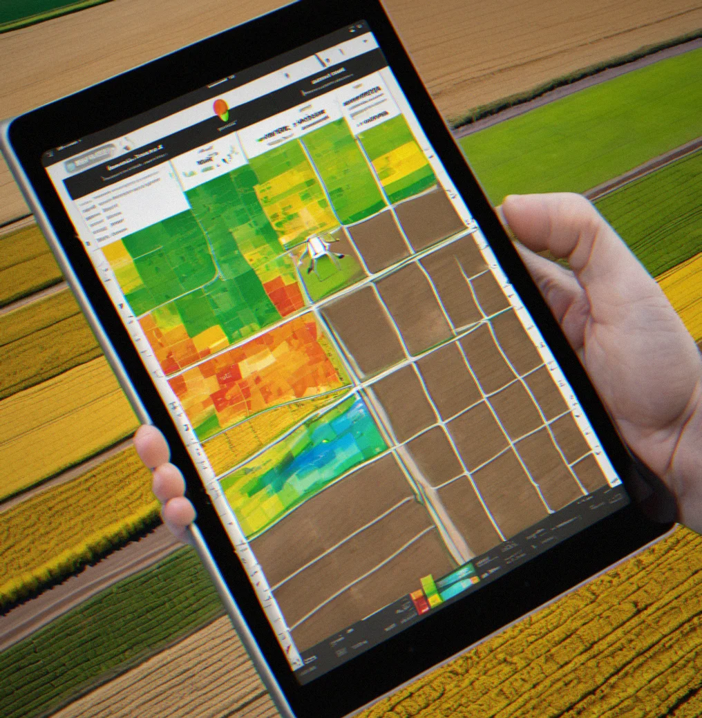 Tablet showing a soil variability map layered with yield data and variable rate application zones mapped across a row-crop field