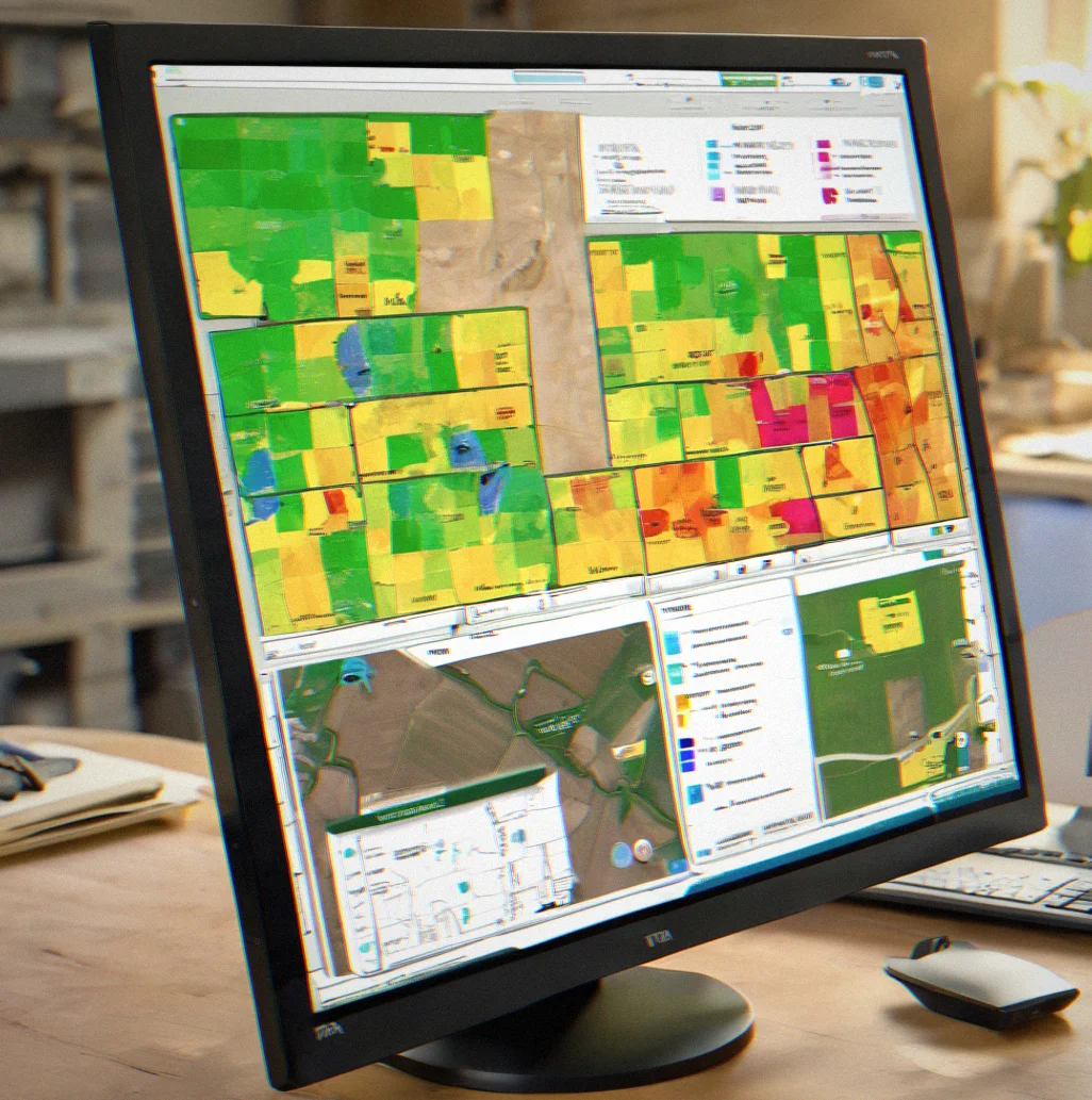 VRA prescription map displayed on desktop monitor with color-coded application rates and zone boundaries