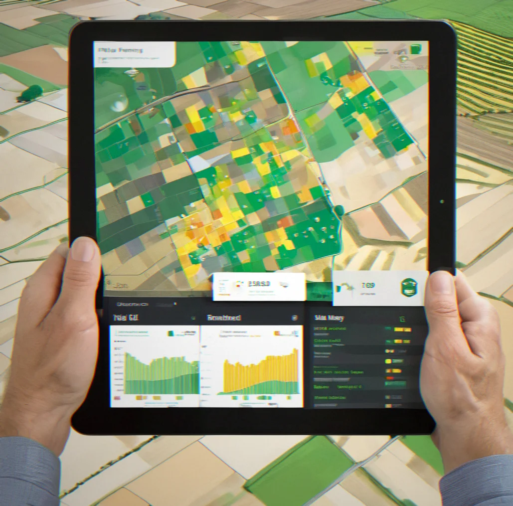 Fleet management dashboard showing tractor locations on a map with maintenance schedules and fuel levels